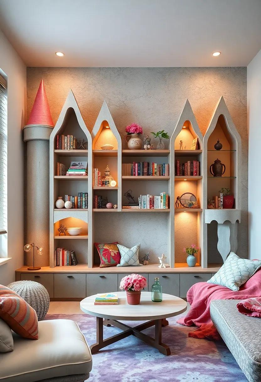 Hand-Painted Bookshelves Shaped Like Castle Turrets Laden with Fairy Tale Books and Trinkets