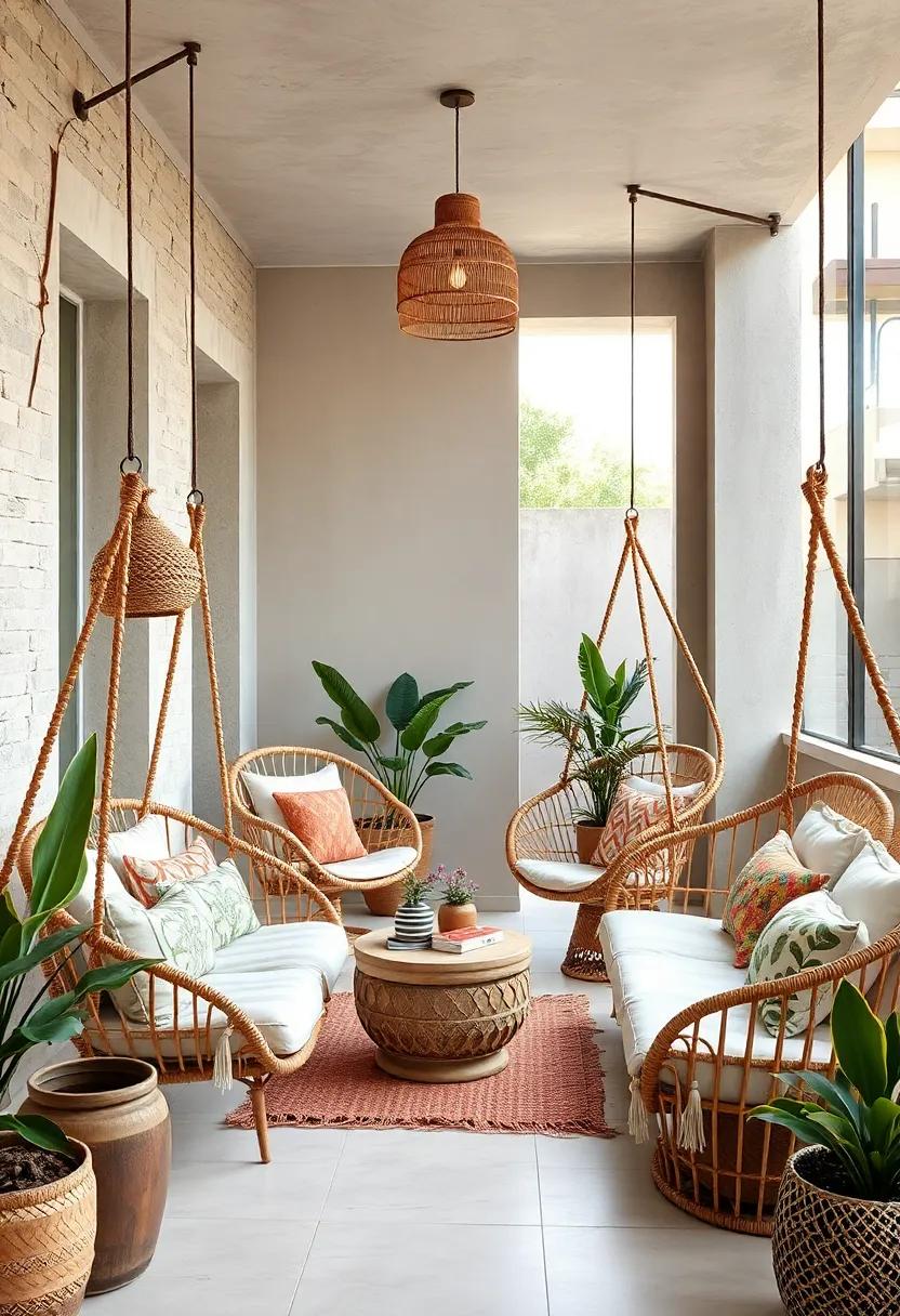 Boho Chic Balcony Spaces Adorned With Rattan Swing Chairs and Linen Cushions