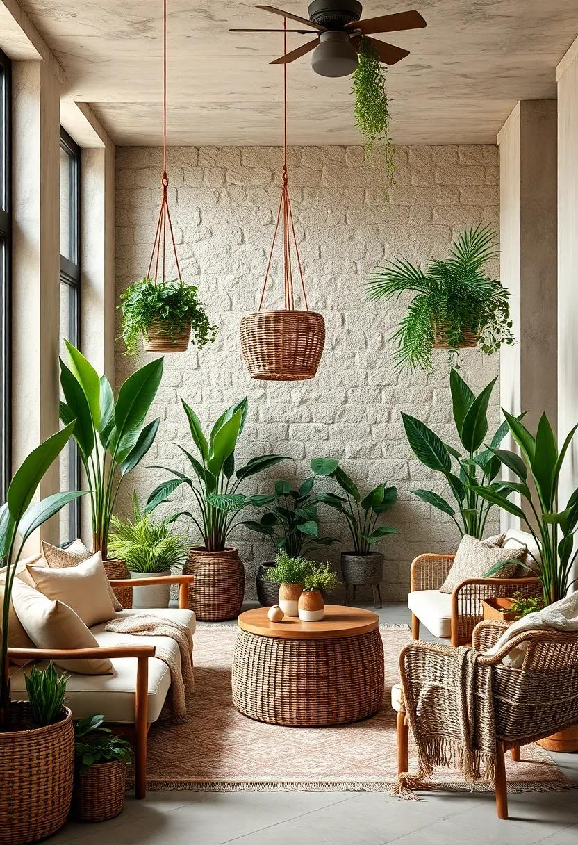Indoor Garden Oasis with Hanging Wicker Planters and Soft Wool Textiles in Relaxed Settings