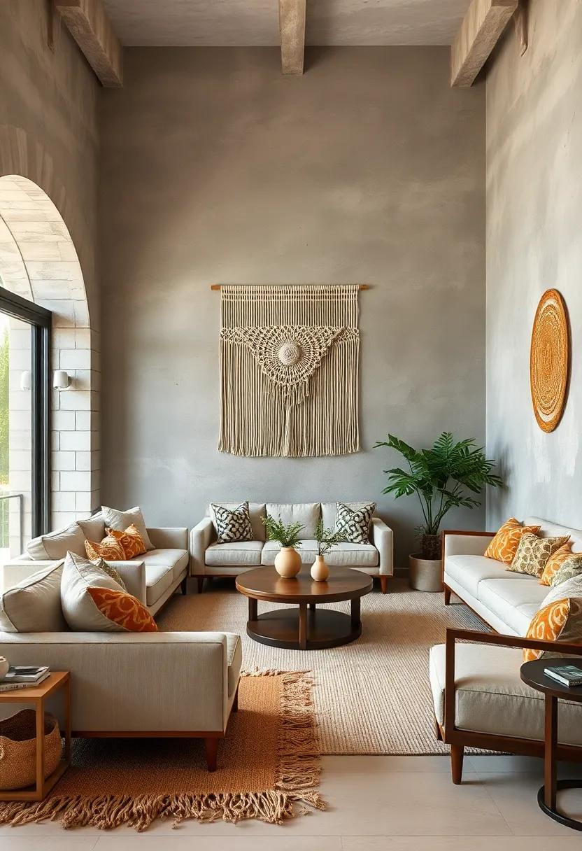 Textural Harmony in Living Areas Combining Macramé Wall Art and Jute Fringed Rugs
