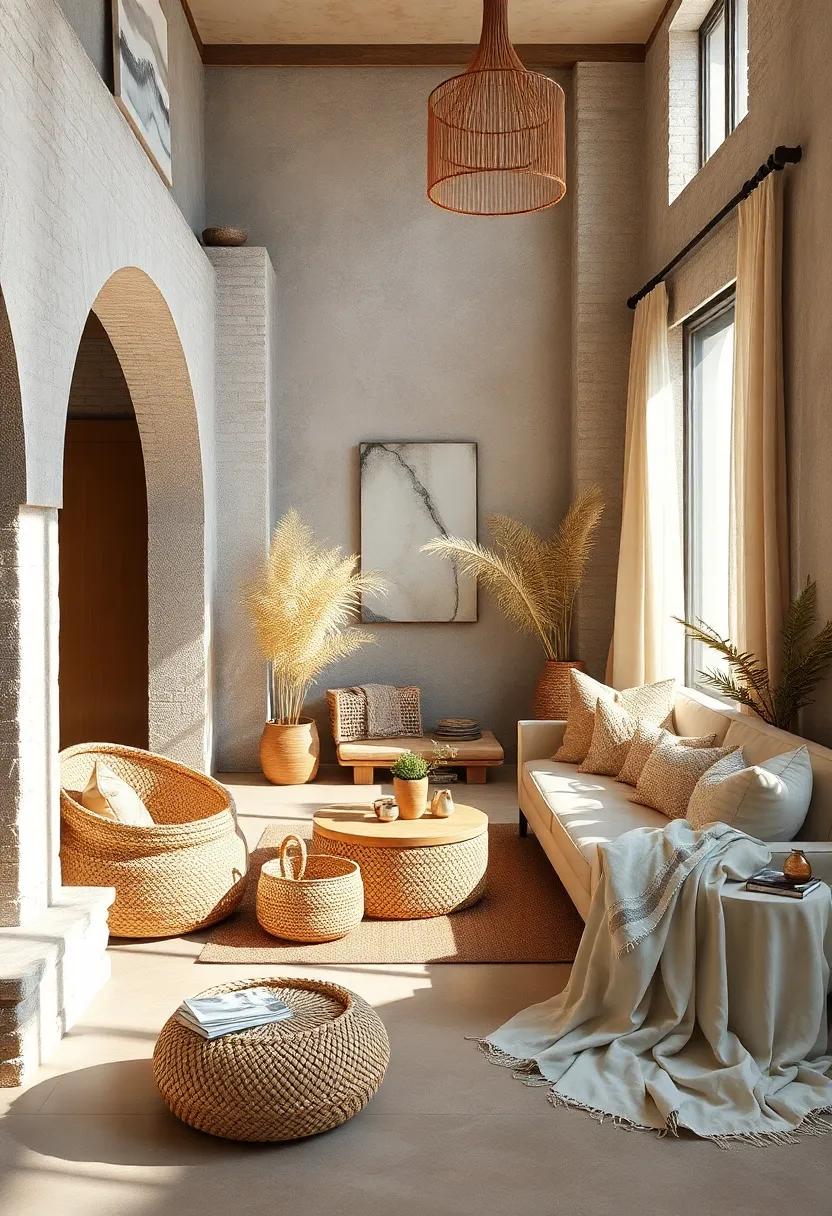 Sunlit Corners Featuring Handwoven Seagrass Baskets and Soft Linen Throws in Warm Tones