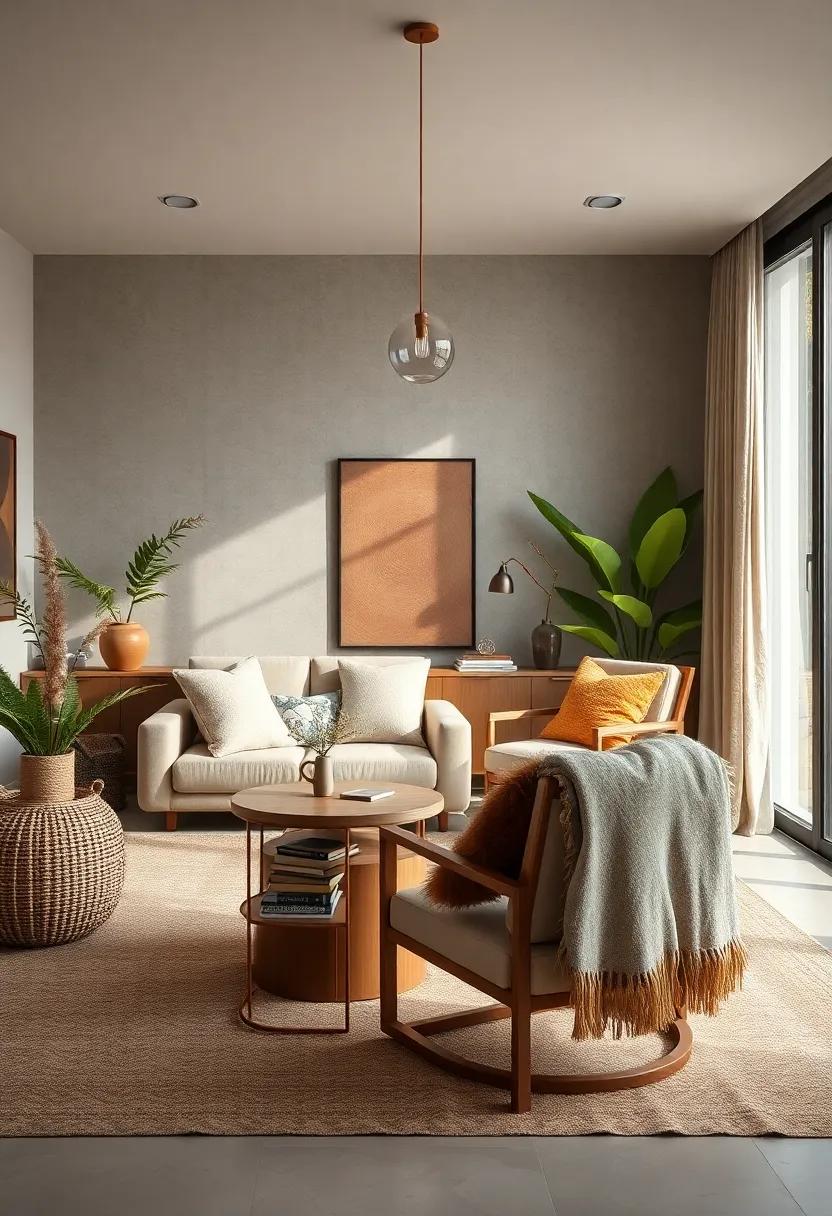 Ambient Lighting Through Rattan Pendant Lamps Casting Natural Shadows on Textured Walls