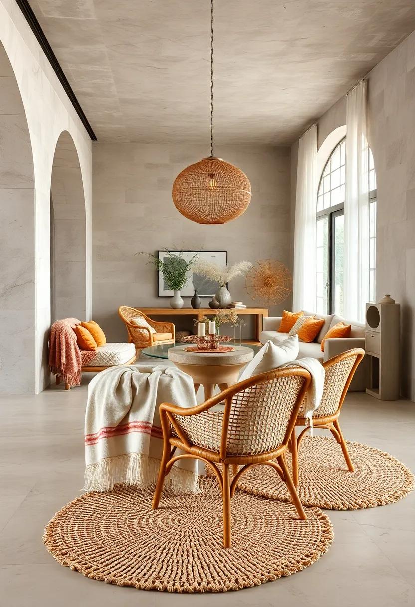 Layered Textures of Hand-dyed Wool Throws Over Cane Chairs and Natural Fiber Mats