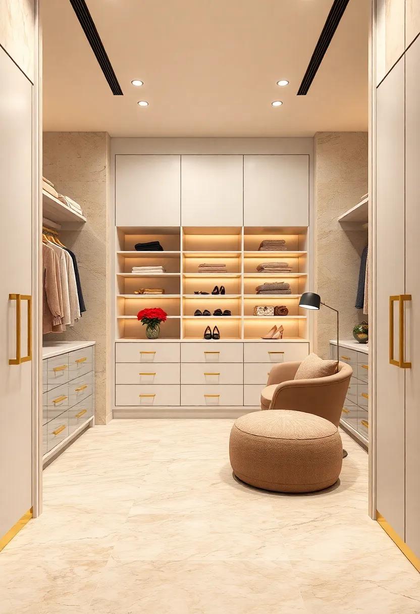 Subtle Gold Accents on Closet Hardware Mirroring the Warm Undertones of Beige Marble