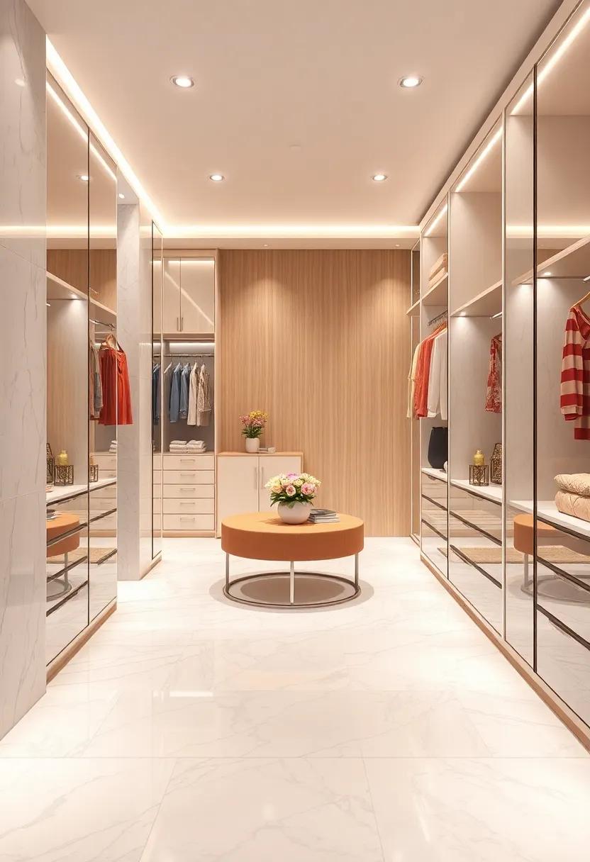 Crisp White Marble Tiles Paired with Soft Pastel Walls Creating a Serene Closet Atmosphere