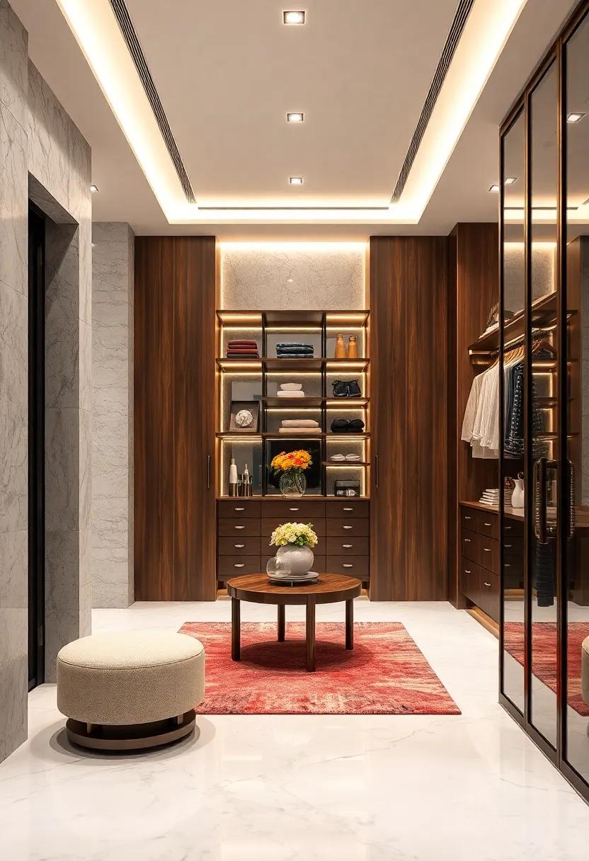 Contrasting Dark Wood Wardrobe Doors Against the Bright Marble Floor in a Stylish Walk-In
