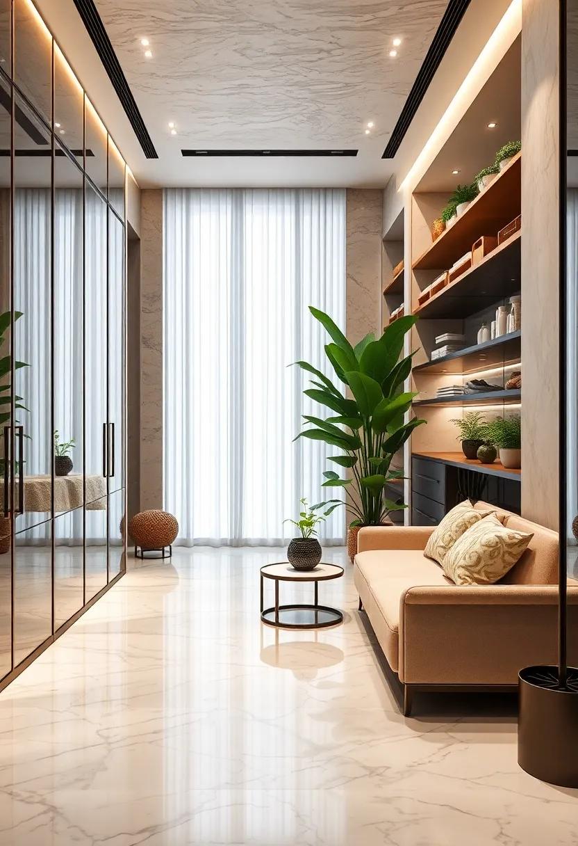 Lush Green Indoor Plants Adding a Touch of Organic Life to a Marble-Floored Closet Retreat
