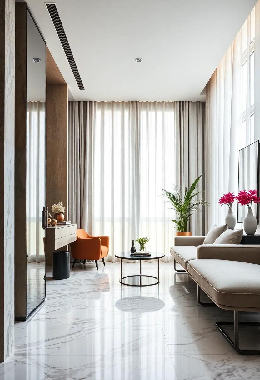 Elegantly Draped Sheer Curtains Softening the Natural Light Over Shimmering Marble Floors