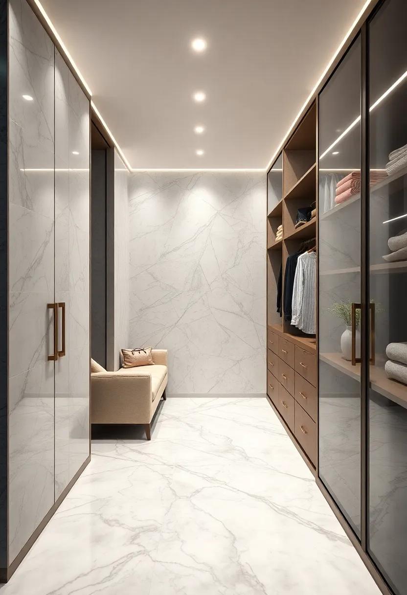The Harmony of Marble Texture with Matte Antique Brass Fixtures in an Upscale Closet