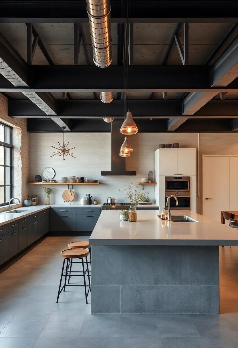 Architectural Focus on Thick Concrete Countertops Balancing Heavy Industrial Steel Beams Overhead