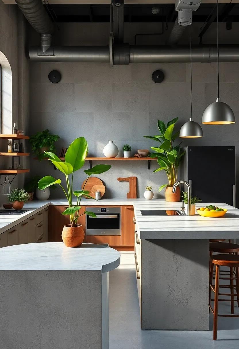 Bright Green Indoor Plants Adding Life and Contrast to a Concrete-Dominant Industrial Kitchen Setting