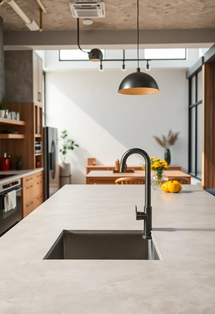 Close-Up of Matte Concrete Countertop Edges Sharp and Clean in an Open Plan Industrial Kitchen