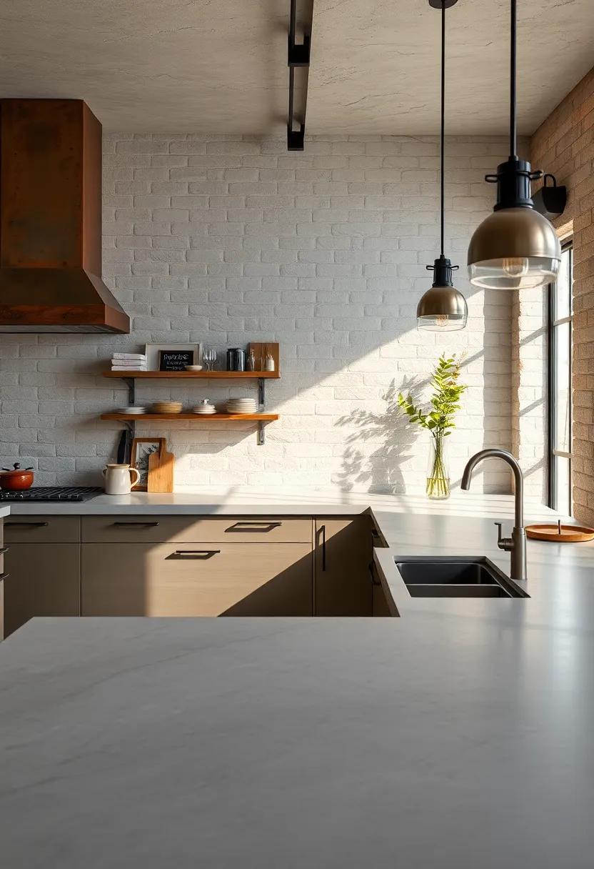 The Play of Light and Shadow on Rusty Metallic Finishes Against Sleek Concrete Counter Surfaces