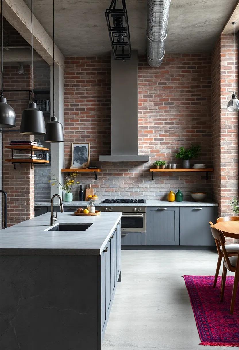 Raw Elegance Captured in a Minimalist Industrial Kitchen Featuring Concrete Counters and Exposed Brick Walls