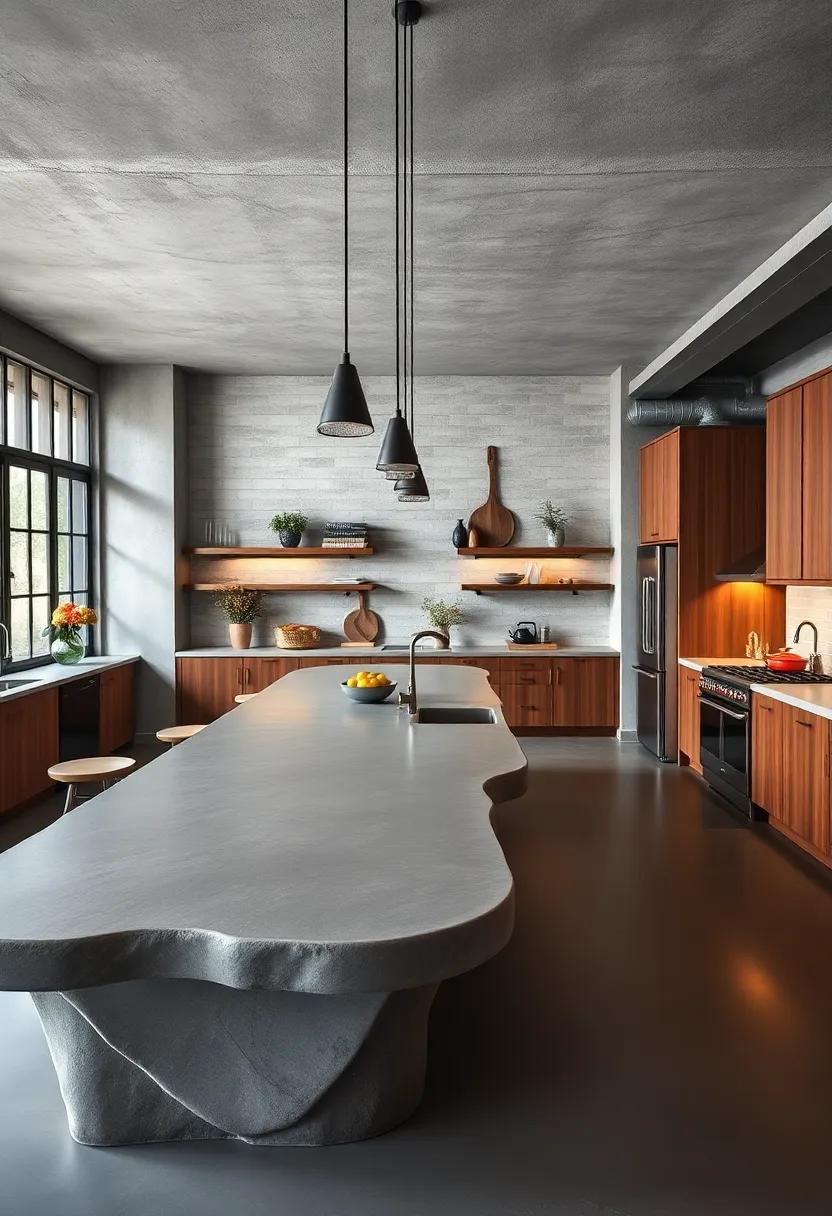 Sculptural Concrete Countertops with Rounded Edges Fitting Seamlessly into a Large Open Industrial Kitchen