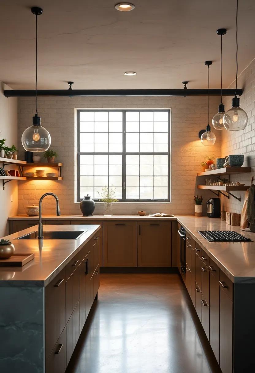 Warm Lighting Reflecting Softly Off Polished Concrete Surfaces in a Spacious Industrial Kitchen