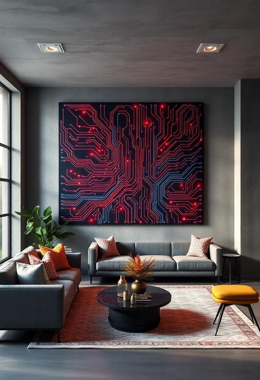 Define Your Workspace with Sleek Metallic Wall Art Incorporating Circuit Board Patterns and Neon Glows