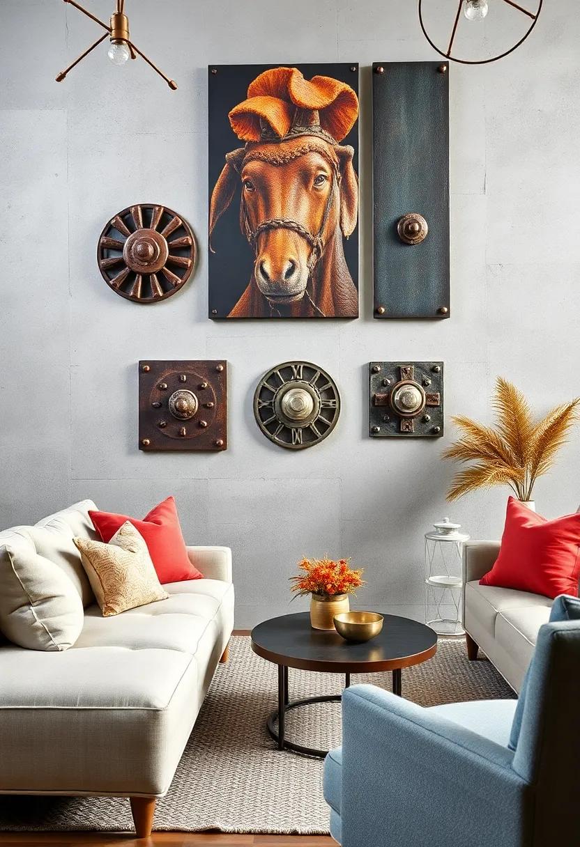 Balance Soft Fabrics Against Rough Metal Wall Hangings Featuring Rivets and Bolts for Texture Contrast