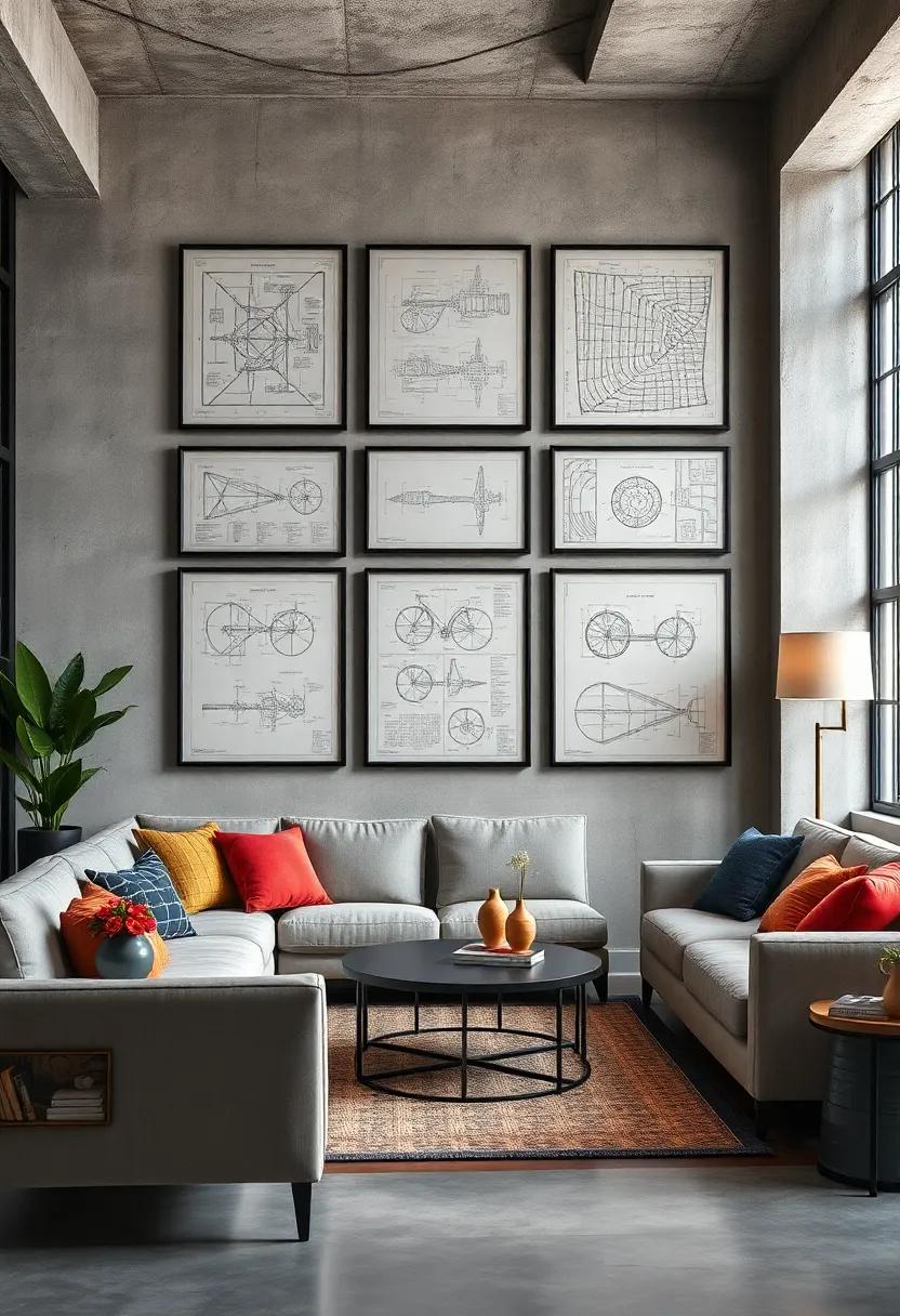 Celebrate Industrial Heritage with Gallery Walls Showcasing Blueprints, Diagrams, and Metal Prints