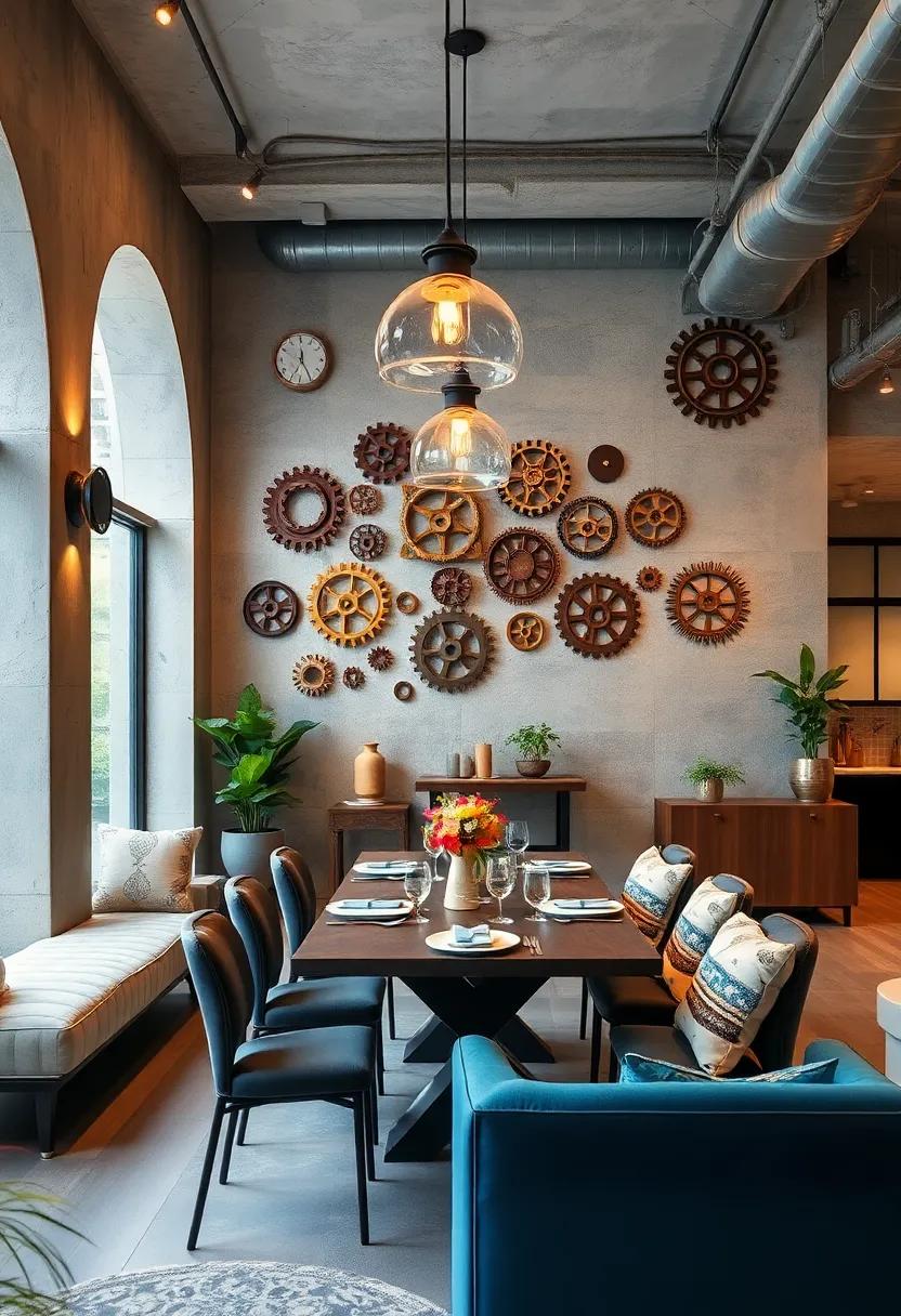 Characterize Your Dining Area with Overhead Industrial Lighting and Wall-Mounted Gear Clusters