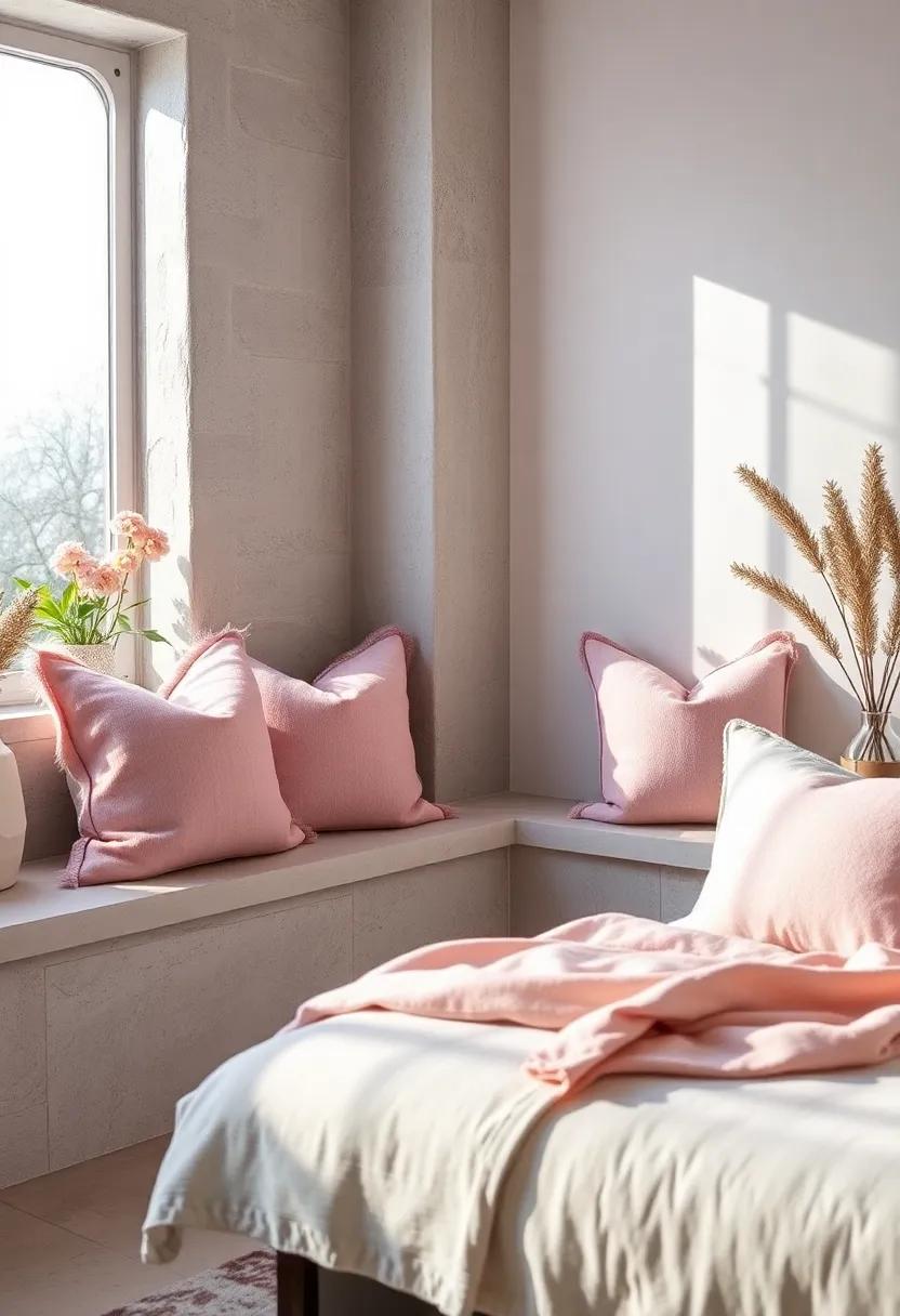 Plush Lavender and Blush Throw Pillows Arranged Thoughtfully on Window Seats for Inviting Comfort
