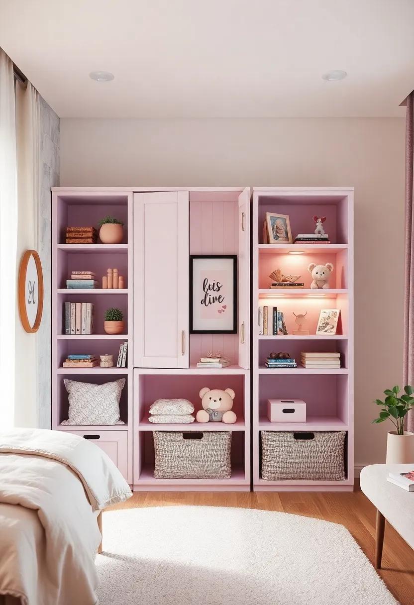 Elegant Storage Solutions Painted in Lavender and Blush Tones Keeping Toys and Books Neatly Organized