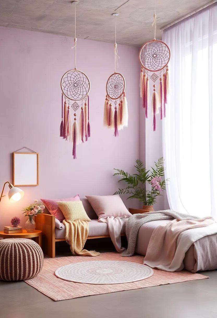 Lavender and Blush Dreamcatchers Hung Above to Capture Serenity and Whisper Soft Nighttime Magic