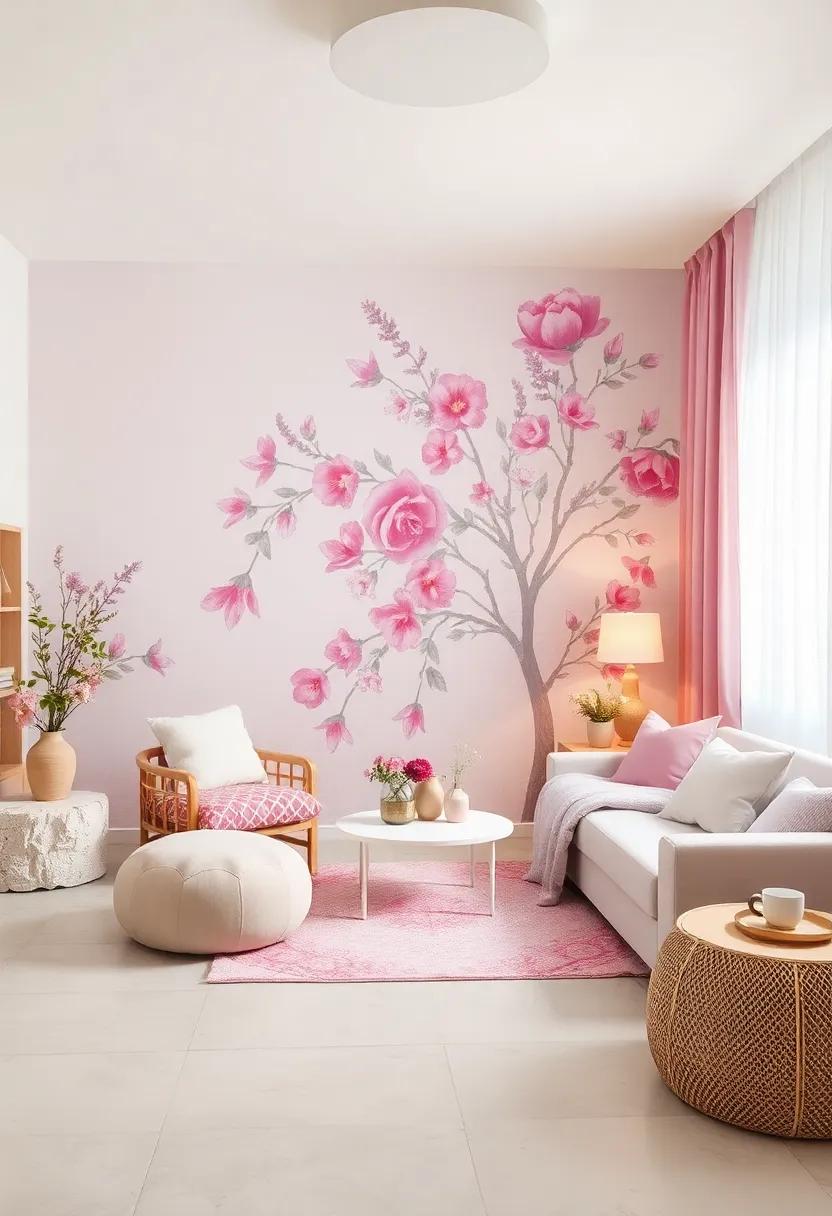 Artful Arrangement of Pastel Floral Wall Murals Weaving Lavender and Blush Into a Gentle Storybook Scene