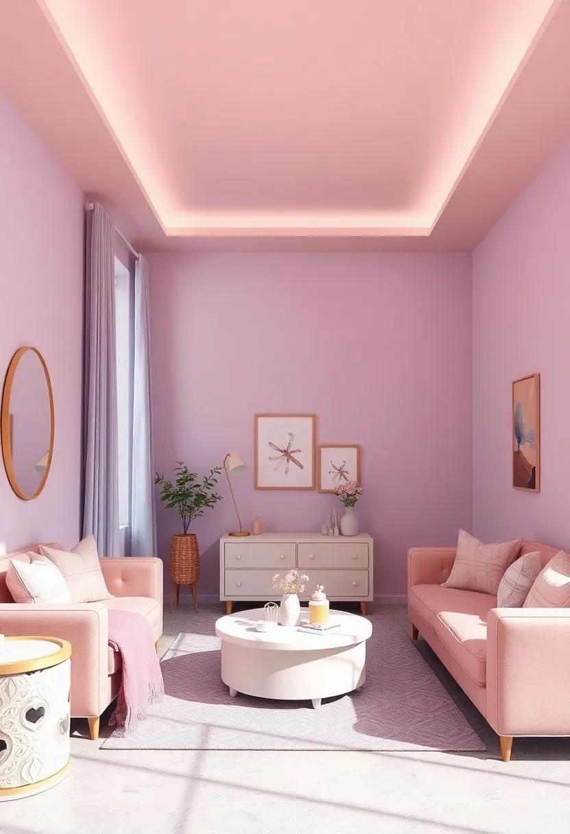 Pastel Paint Palette Transitions Blending Lavender Walls Into Gentle Blush Ceiling Highlights Harmoniously
