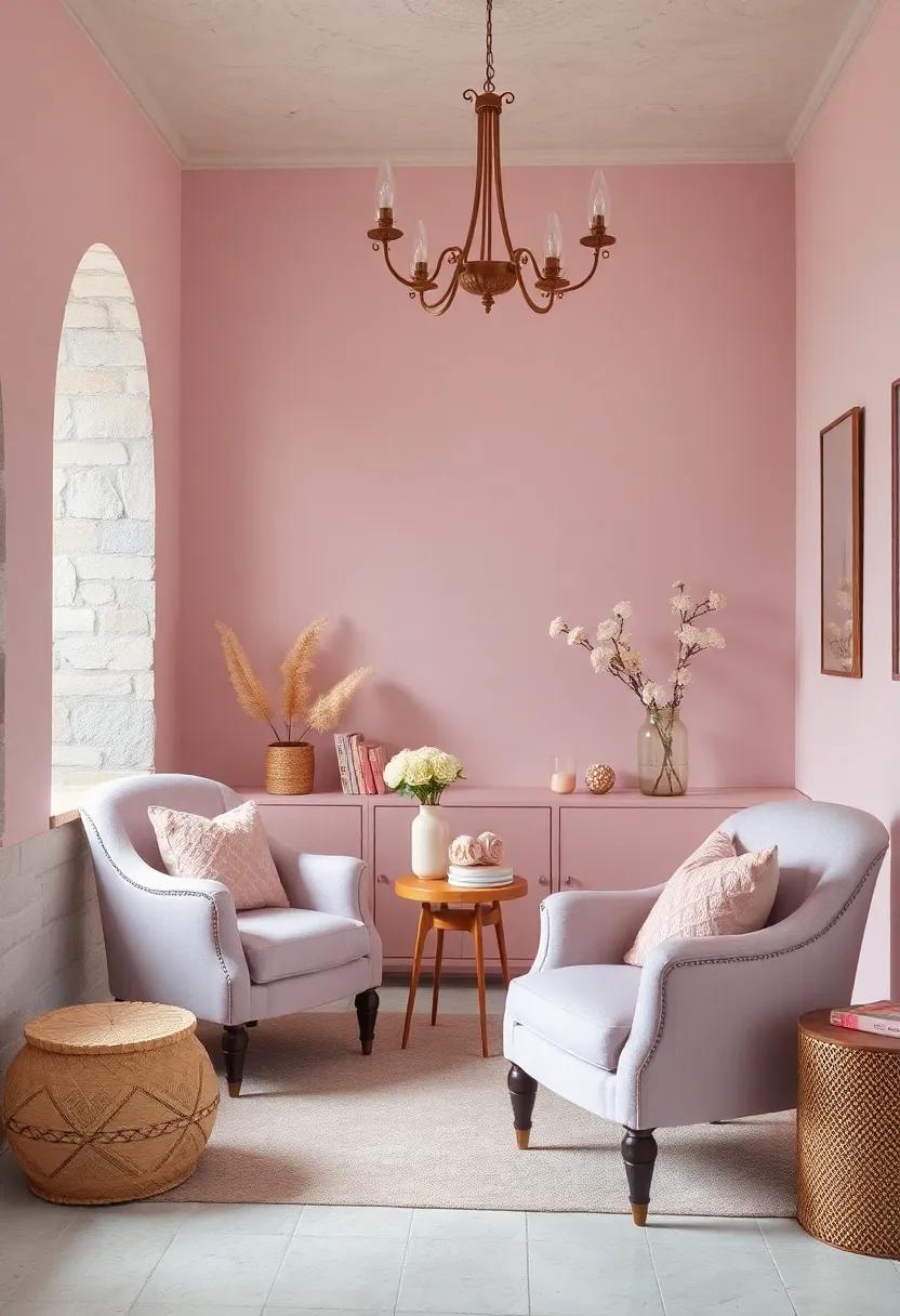 Vintage-Inspired Lavenders and Blushes Blending Gracefully in Upholstered Chairs and Cozy Cushions