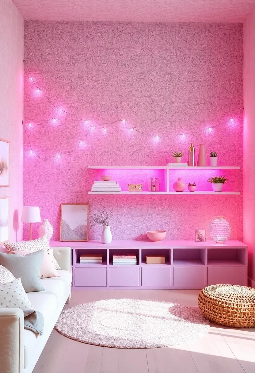 Delicate Lavender and Blush String Lights Draped Artfully Over Shelves to Evoke a Whimsical Glow