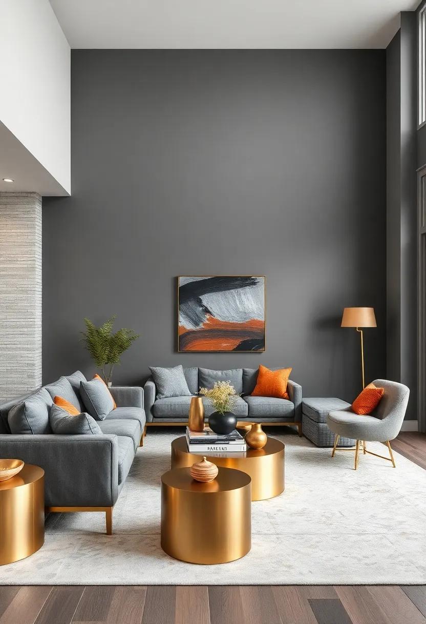 Cool Slate Gray Walls Adorned with Brushed Gold Accessories for a Sleek Urban Chic Living Room