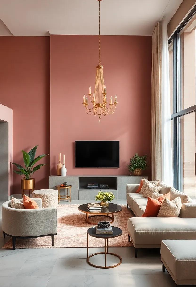 Dusty Rose Walls Blended with Shimmering Gold Chandeliers Evoking a Gentle and Feminine Glow
