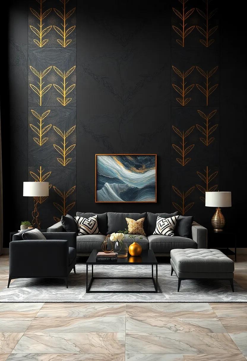 Midnight Black Walls with Gold Geometric Patterns for a Bold, Art Deco Inspired Interior Scene