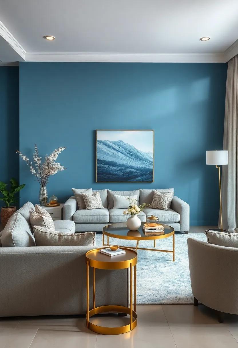 Icy Blue Walls with Polished Gold Side Tables for a Refreshingly Elegant Coastal Living Room