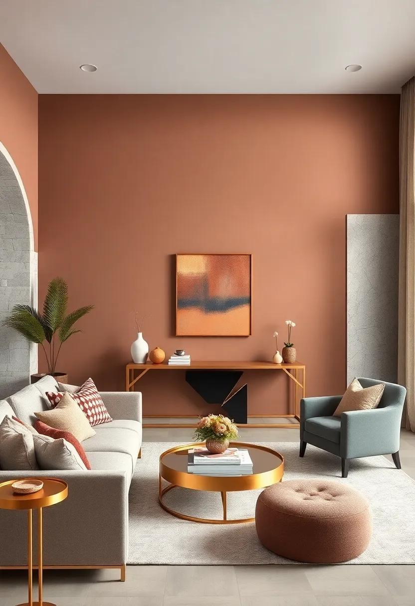 Muted Cocoa Walls Together with Brushed Gold Console Tables Crafting a Soft and Inviting Atmosphere