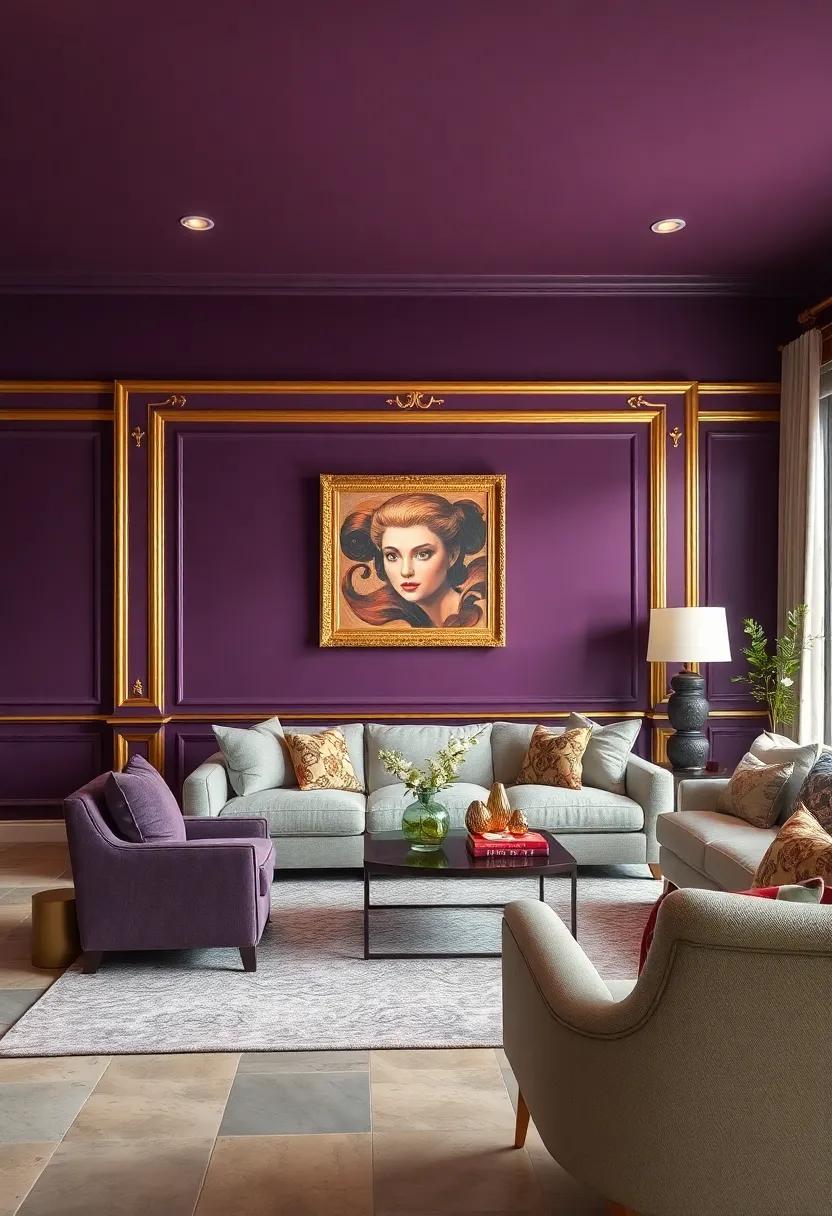 Rich Plum Walls Enhanced with Polished Gold Picture Molding for a Luxurious and Bold Artistic Statement