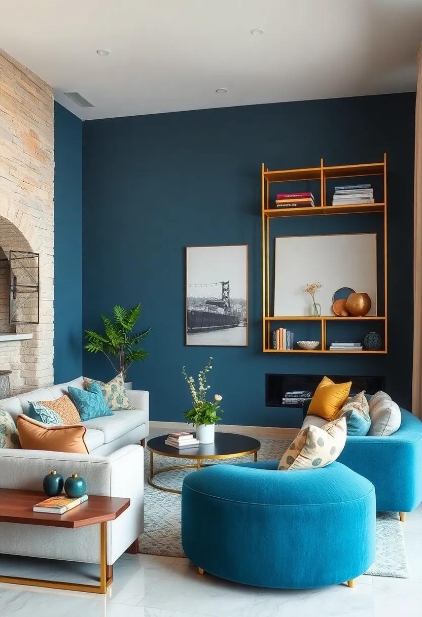 Velvet Blue Walls with Custom Gold Shelving to Emphasize Depth and Opulence in Modern Design