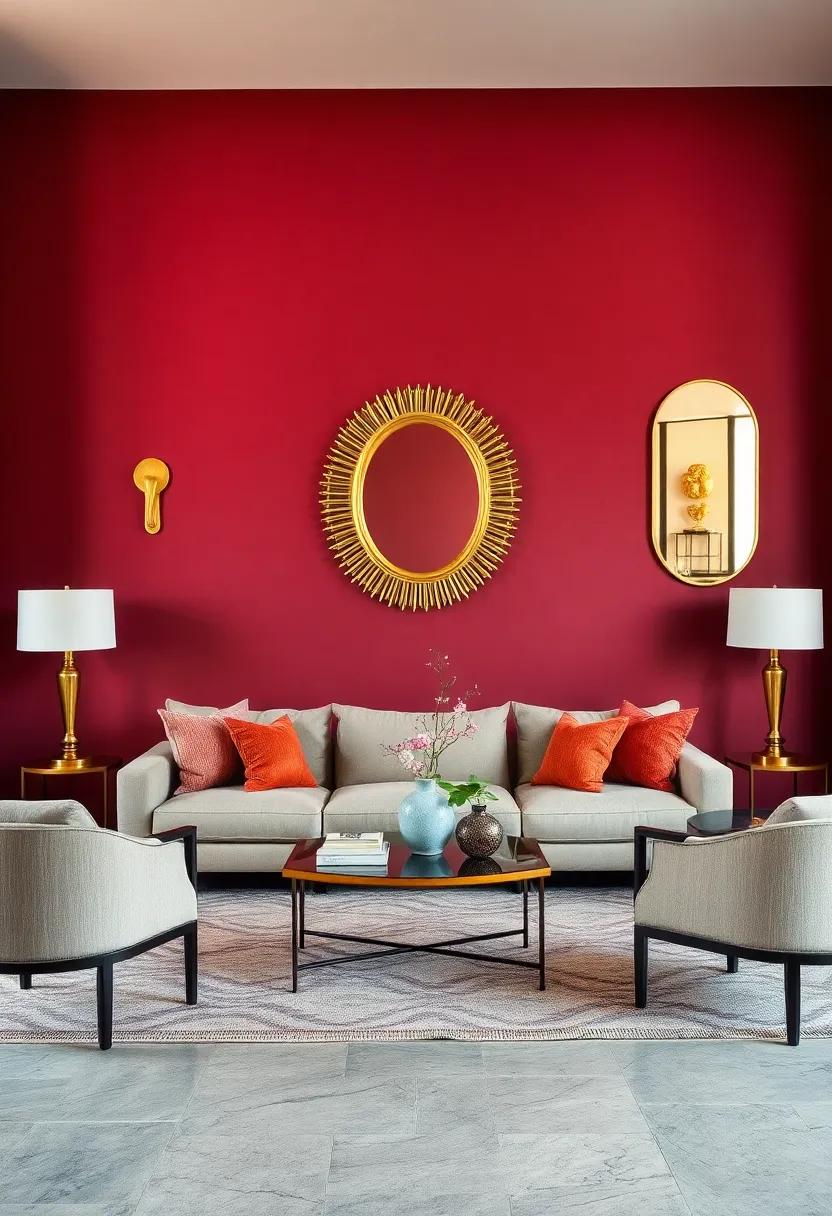 Rich Burgundy Walls and Polished Gold Mirrors Crafting a Dramatic and Luxurious Focal Point
