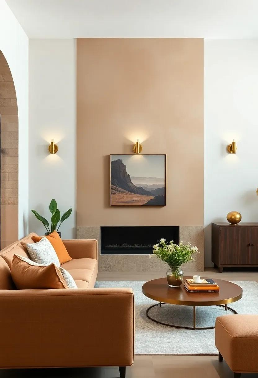 Warm Sandstone Walls Contrasted by Antiqued Gold Wall Sconces for Timeless and Earthy Sophistication