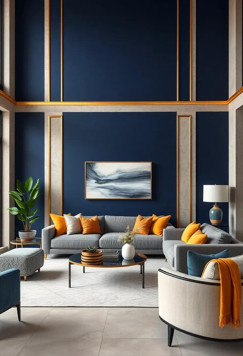 Bold Navy Blue Backdrops Enhanced by Shimmering Gold Trim for an Elegant and Contemporary Look