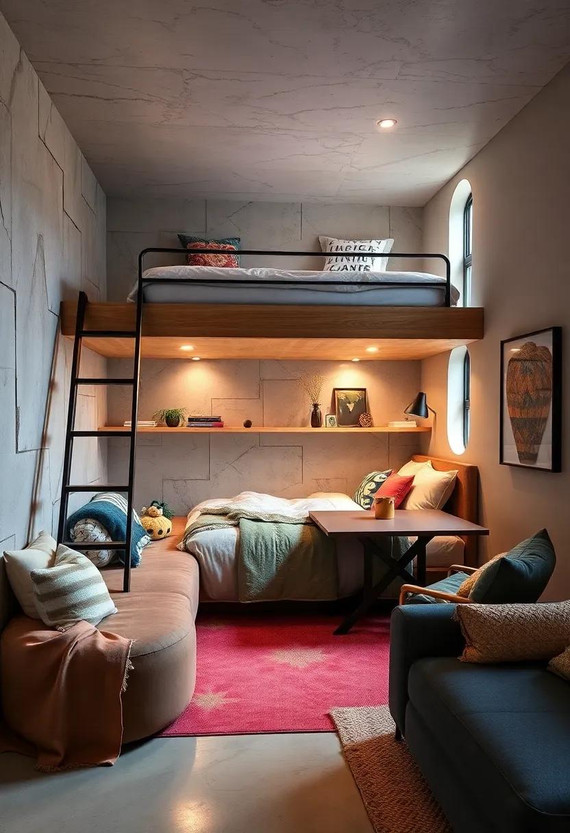 Multi-Functional Lofted Beds With Integrated Seating Areas and Fold-Out Tables for Versatile Living Spaces