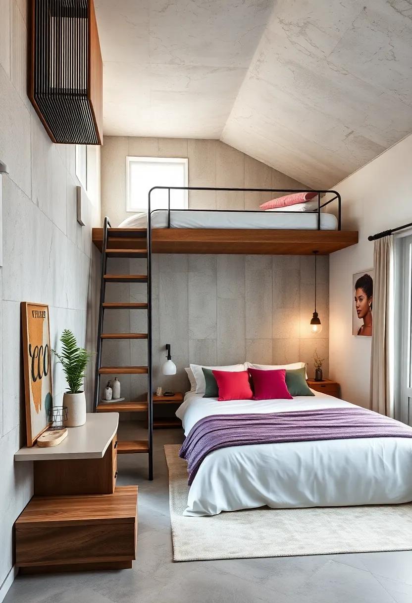 Lofted Beds In Small Spaces Combining Sleek Design With Practical Elements Like Foldable Stairs and Space-Saving Railings