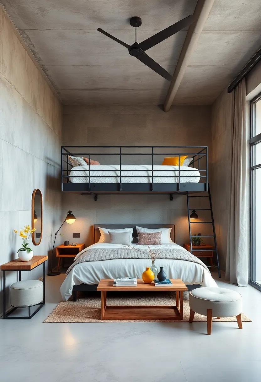 Urban Lofted Bed Concepts Featuring Metal Railings and Exposed Fixtures Reflecting Modern Industrial Style