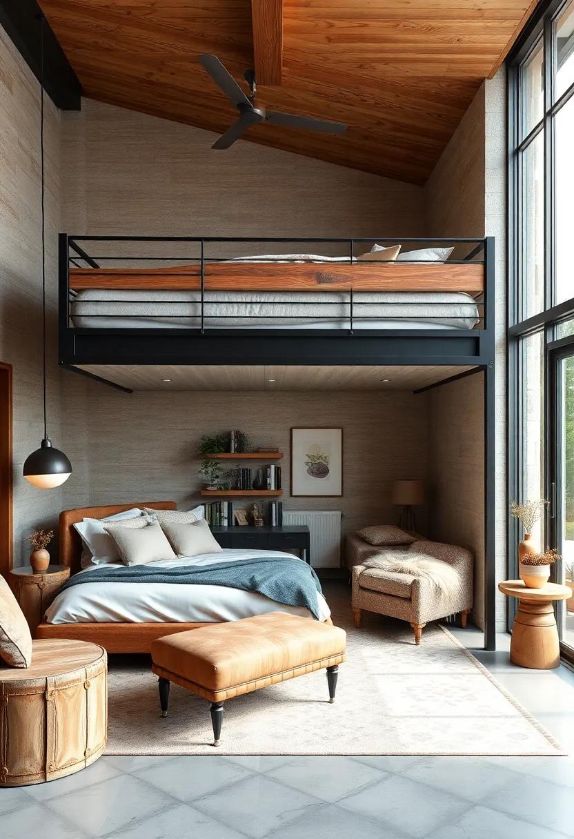 Sophisticated Lofted Beds Blending Warm Wood Tones With Industrial Metal Frames for Urban Chic Vibes