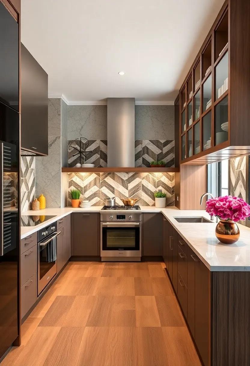 Bold Graphic Tile Patterns Serve as the Focal Point in Contemporary Kitchens With Neutral Countertops and Hardwood Floors