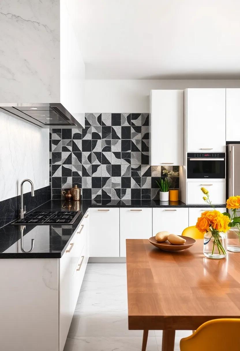Combining Bold Black and White Geometric Tiles With High-Gloss Cabinets Creates a Striking Visual Contrast in Kitchens
