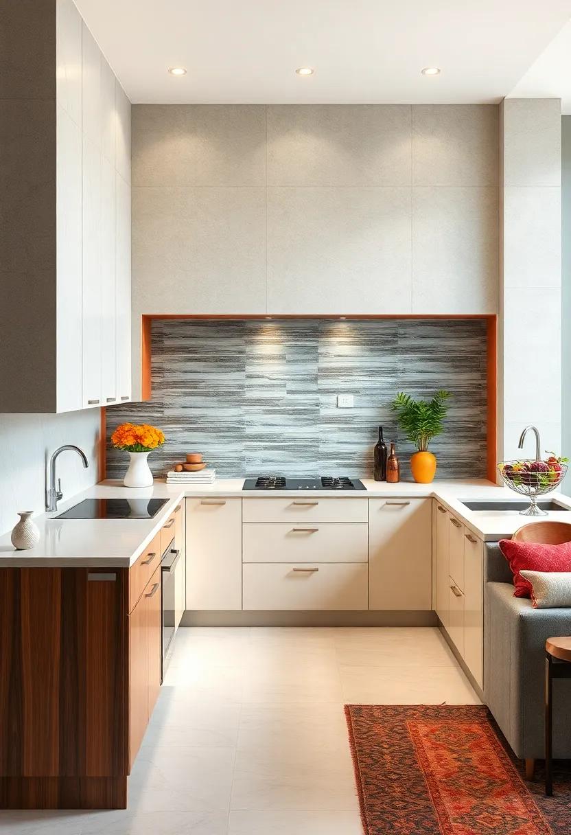 Dynamic Contrasting Color Borders Around Tile Backsplashes Define Kitchen Areas and Enhance Clean Modern Lines