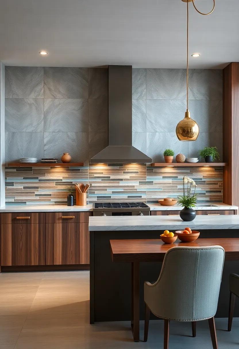 Rustic Reclaimed Wood Panels Paired with Colorful Tile Strips Provide a Warm and Inviting Backdrop for Cozy Culinary Areas