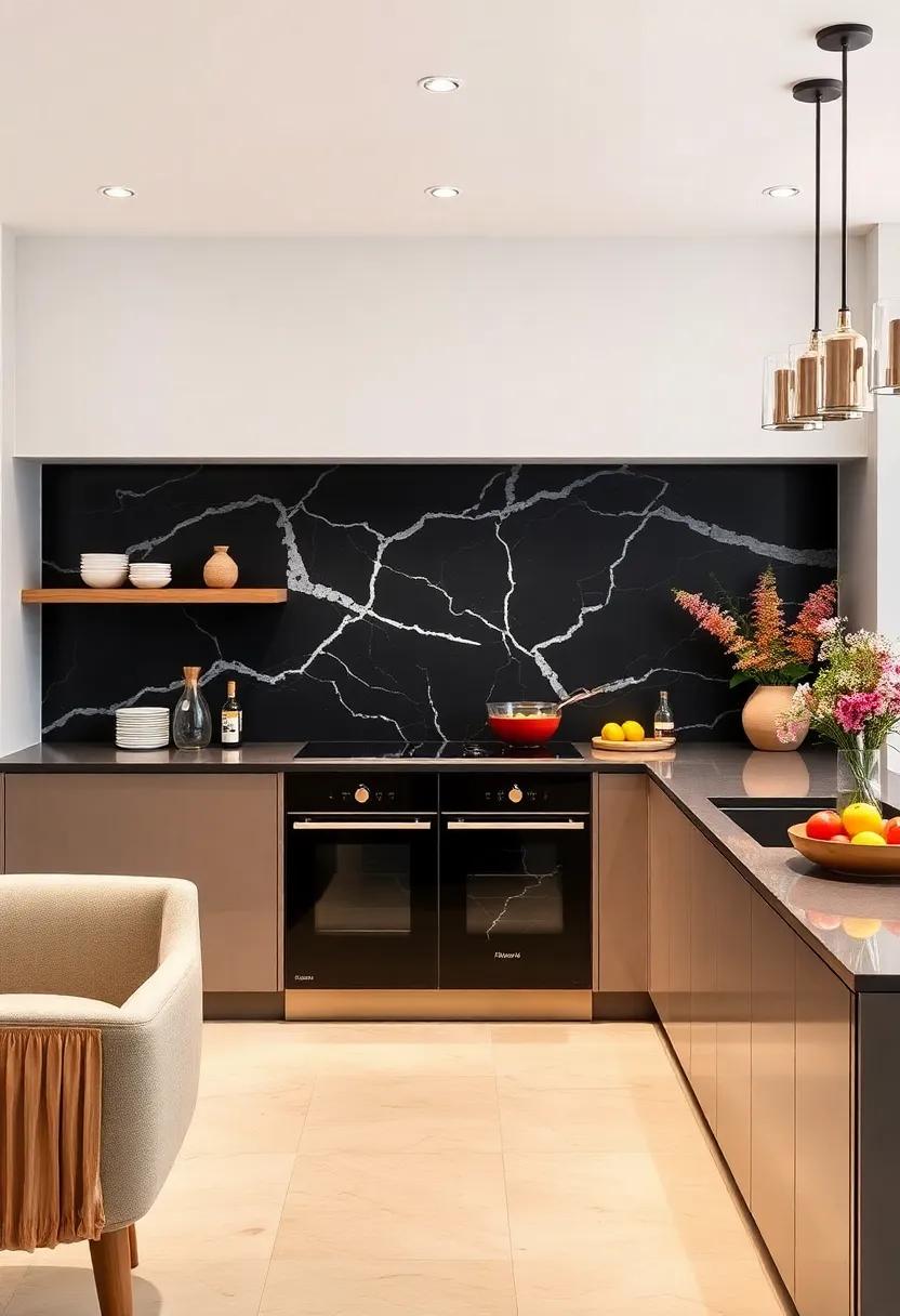 Sleek Black Slate Backsplashes With Contrasting White Veins Establish a Sophisticated and Modern Chef's Kitchen Vibe